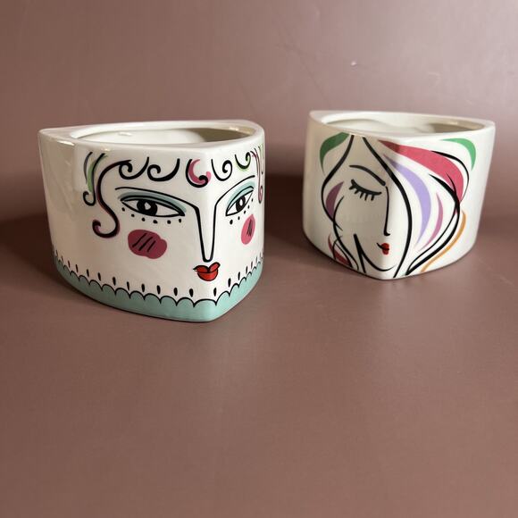 Set of 2 Rocket Farms Lady Face Planters, Abstract Picasso Style, Triangle Shape - Picture 1 of 14